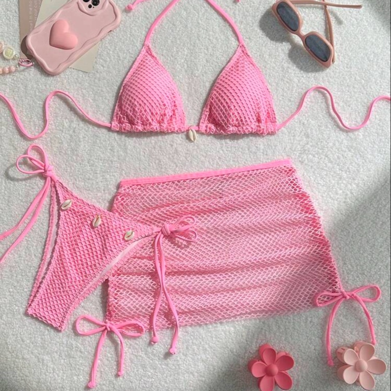 Swim Mod 3 pièces/set Femmes Top de bikini à col ras-du-cou et dos noué en couleur unie, bas de maillot de bain et jupe maillot de bain, ensemble pour l'été