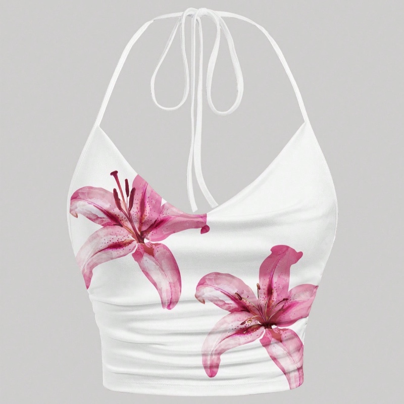 SHEIN EZwear Top court à col noué style casual avec imprimé lis rose, style "Island Girl". Convient pour l'été, la plage, les festivals de musique, les vacances de printemps, l'ambiance vacances