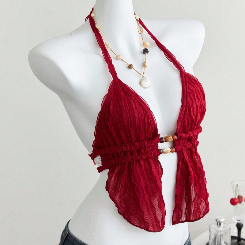 Elamini Débardeur décontracté de vacances pour femmes avec texture et perles, col ras-du-cou