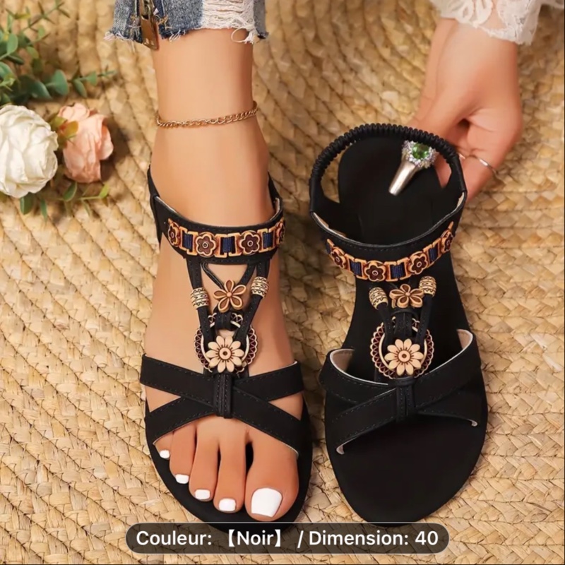 Mules Bohèmes à Fleurs Perlées pour Femmes - Sandales à Bout Rond avec Bride à la Cheville et Semelle Plate, Chaussures Décontractées pour Plage, Idéales pour l'Été, le Printemps, l'Automne et l'Hiver - Style Bohème Confortable pour Tenue Décontractée