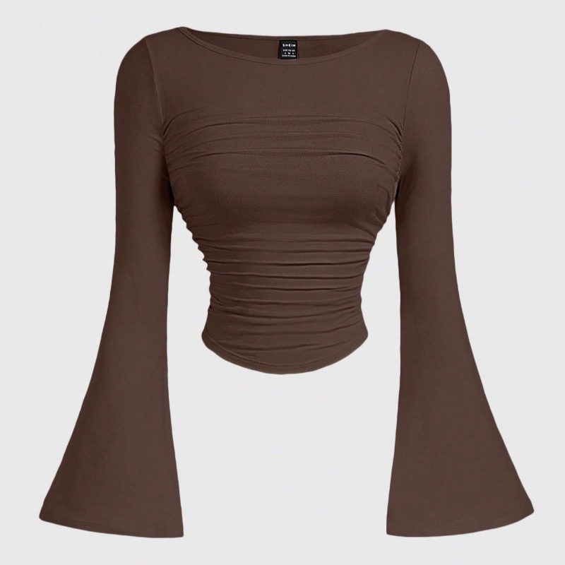 SHEIN MOD T-shirt décontracté pour femme à col bateau, manches évasées, taille froncée, couleur unie