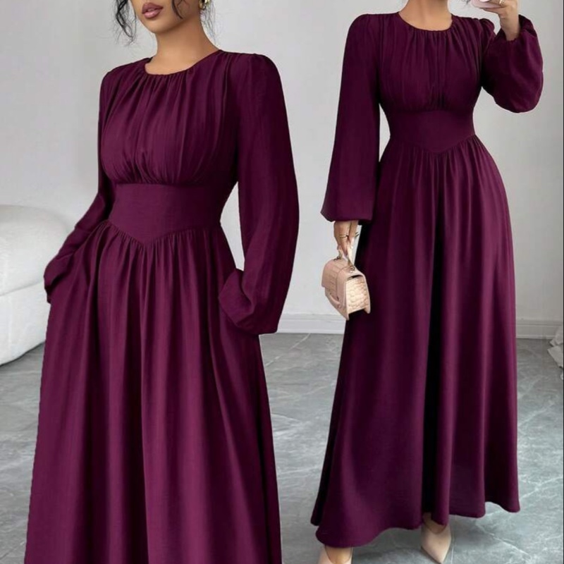 Elenzga Women's Elegant Solid Color Round Neck Shirred Waist Flared Hem Long Sleeve Dress, Suitable For Casual, Commute, Vacation, Afternoon Tea, Christmas, Formal Party