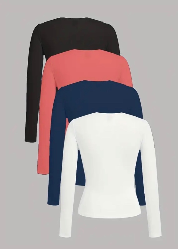 4 pièces T-shirt Femme Manches Longues Col Rond Décontracté