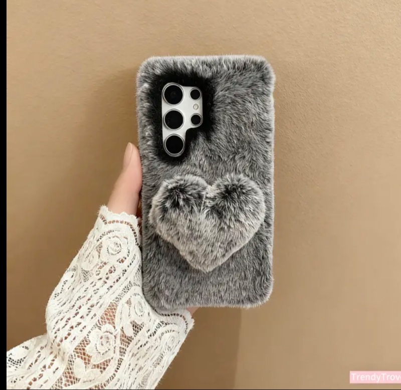 Étui de Téléphone en Peluche Cœur Tridimensionnel Rose-Gris