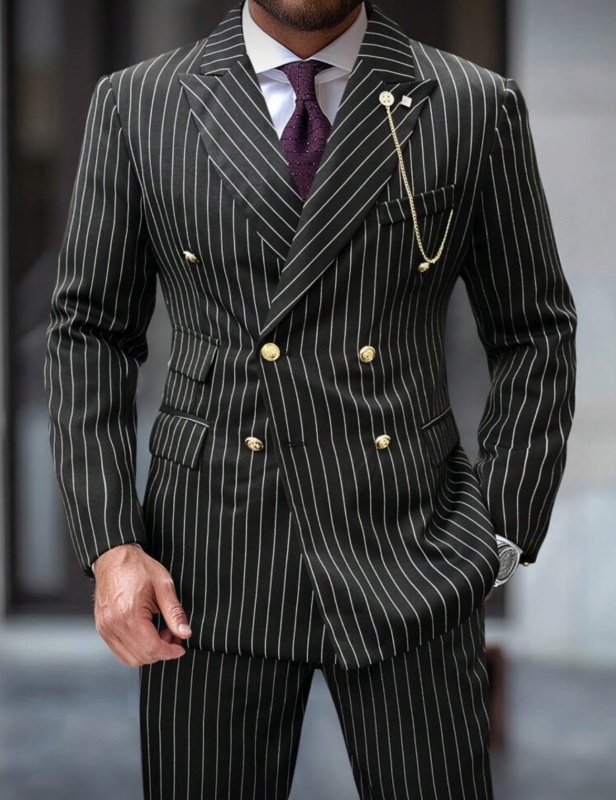 Manfinity Mode Ensemble costume rayé croisé pour hommes avec col châle, manches longues