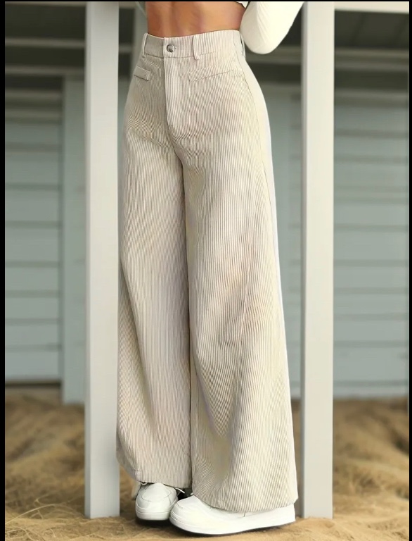 Pantalon femme à taille haute et jambes larges en velours côtelé