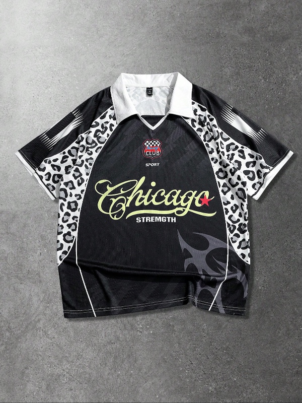 ROMWE MEN T-shirt de football à imprimé léopard et couleur contrastée pour hommes, style décontracté sportif