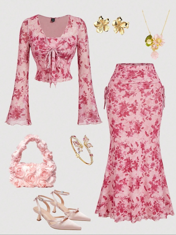 Ensemble Top à manches longues décontracté et jupe ajustée pour femmes