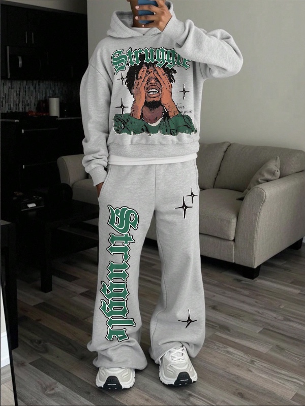 Manfinity EMRG 2 pièces Ensemble de sweat-shirt à capuche et pantalon de jogging avec imprimé portrait d'homme et lettres, vêtements décontractés pour hommes en automne