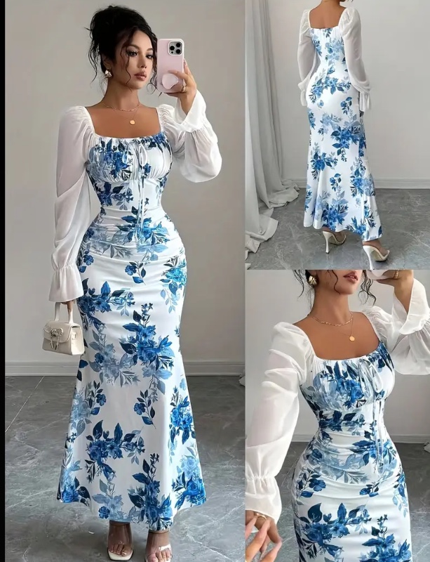 Robe Élégante Femme à Col Carré avec Nœud Plissé sur la Poitrine