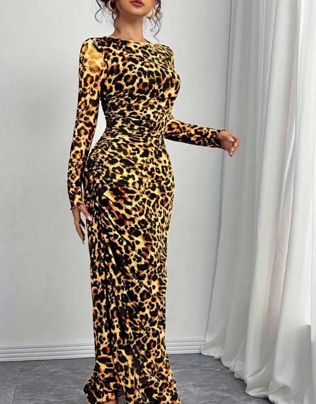 Robe longue à manches longues, ajustée et en maille à imprimé léopard