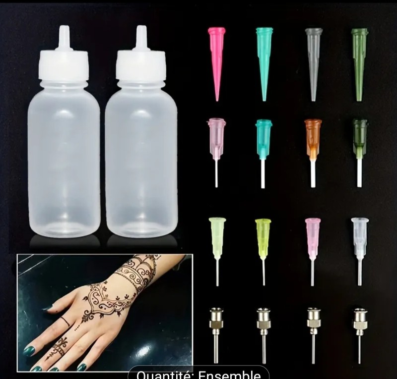 2 Bouteilles + 16 Douilles Kit Applicateur Henna pour Femmes et Hommes, Outil de Dessin Temporaire avec Flacon à Presser 30ml, Ensemble d'Art Corporel et Tatouage