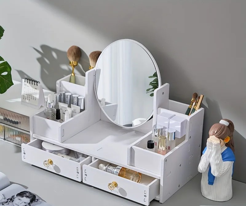 1pc Miroir ovale à double tiroir, boîte de rangement pour Cosmétique