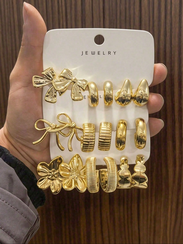 6-18 pièces Ensemble de boucles d'oreilles mode ton or, élégant et chic, convient à diverses tenues