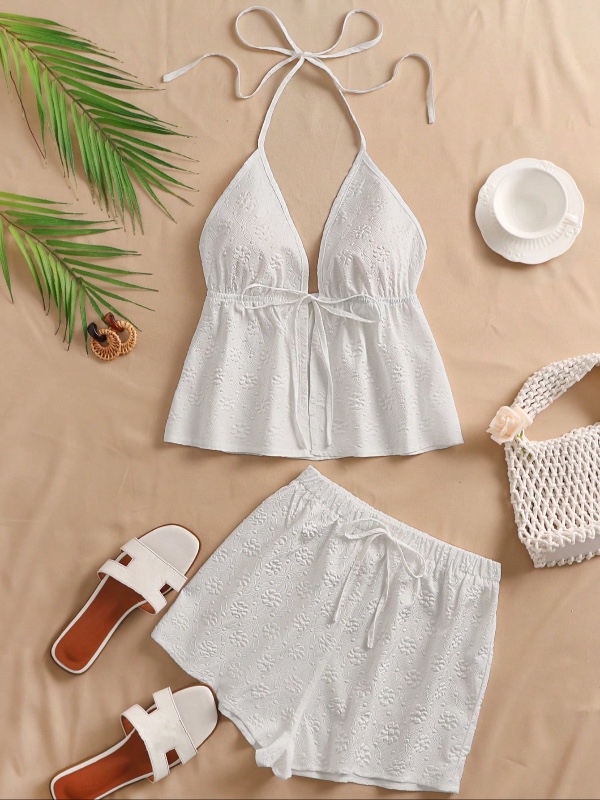 INAWLY 2 pièces Set de Top à bretelles et short en jacquard de couleur unie pour vacances, style décontracté