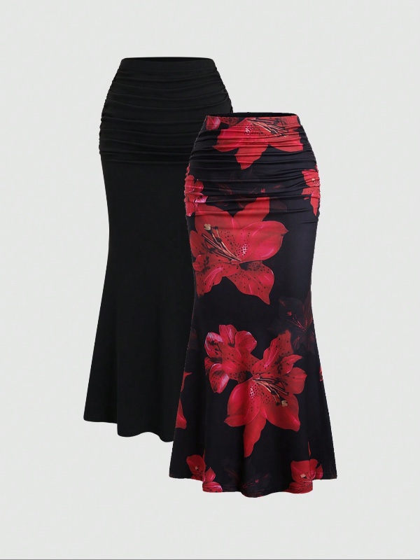 Sweetra 2 pièces Ensemble Femme : Jupe Sirène Élégante de Couleur Unie et Jupe Imprimée Florale