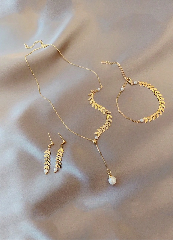 1 set Collier, Bracelet Et Boucle D'oreille En Fausses Perles En Forme D'épi De Blé