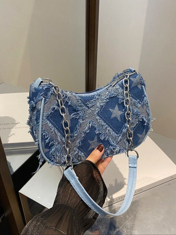 1 pièce Sac bandoulière mode en patchwork de denim noir à fermeture éclair et carreaux, convient pour un usage quotidien des femmes