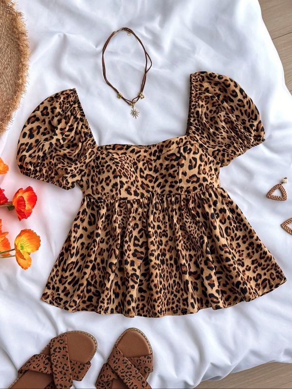 SHEIN Chemise à manches bouffantes col carré imprimé léopard TEENGIRL