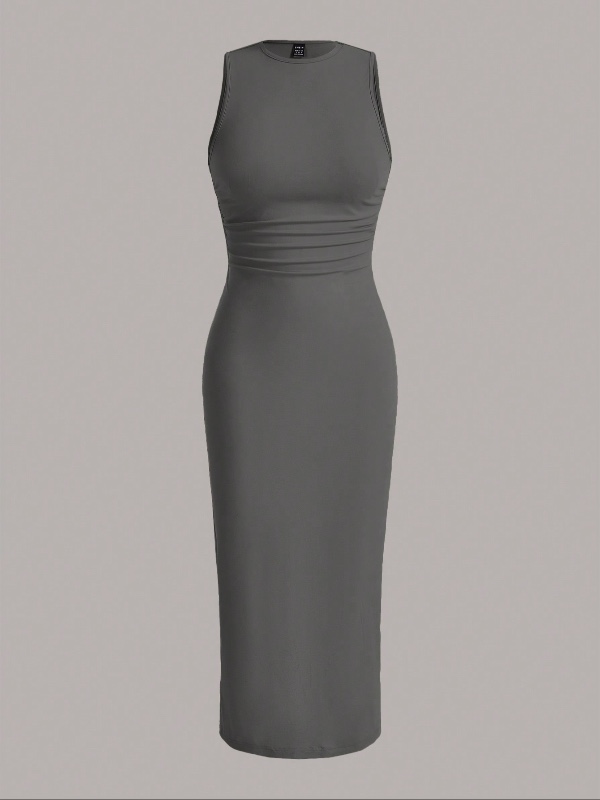 SHEIN EZwear Robe moulante en tricot mini à encolure ronde et dos plissé, verte