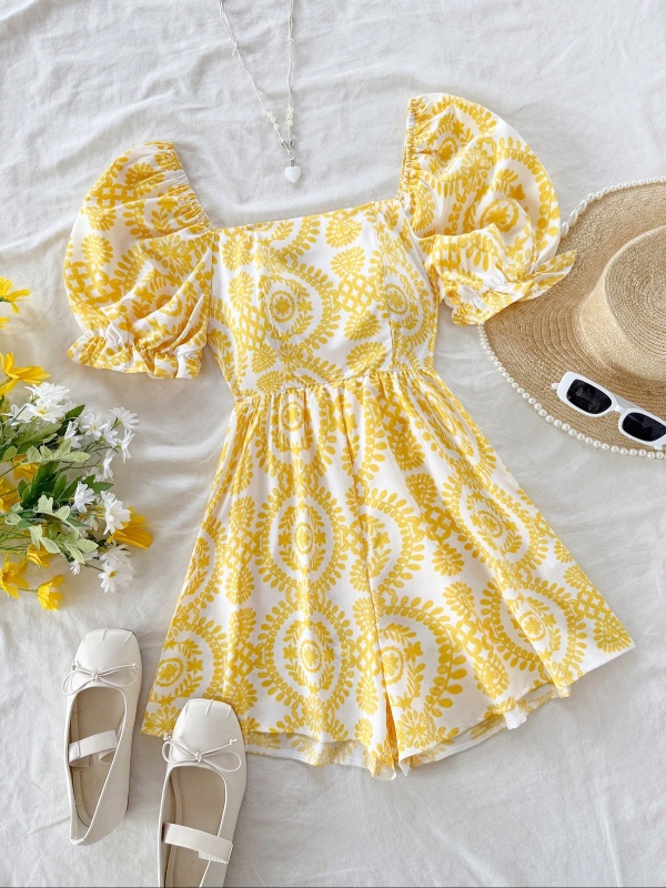 Soleia Combinaison fleurie avec manches bouffantes, col carré, style casual de vacances, pour femmes