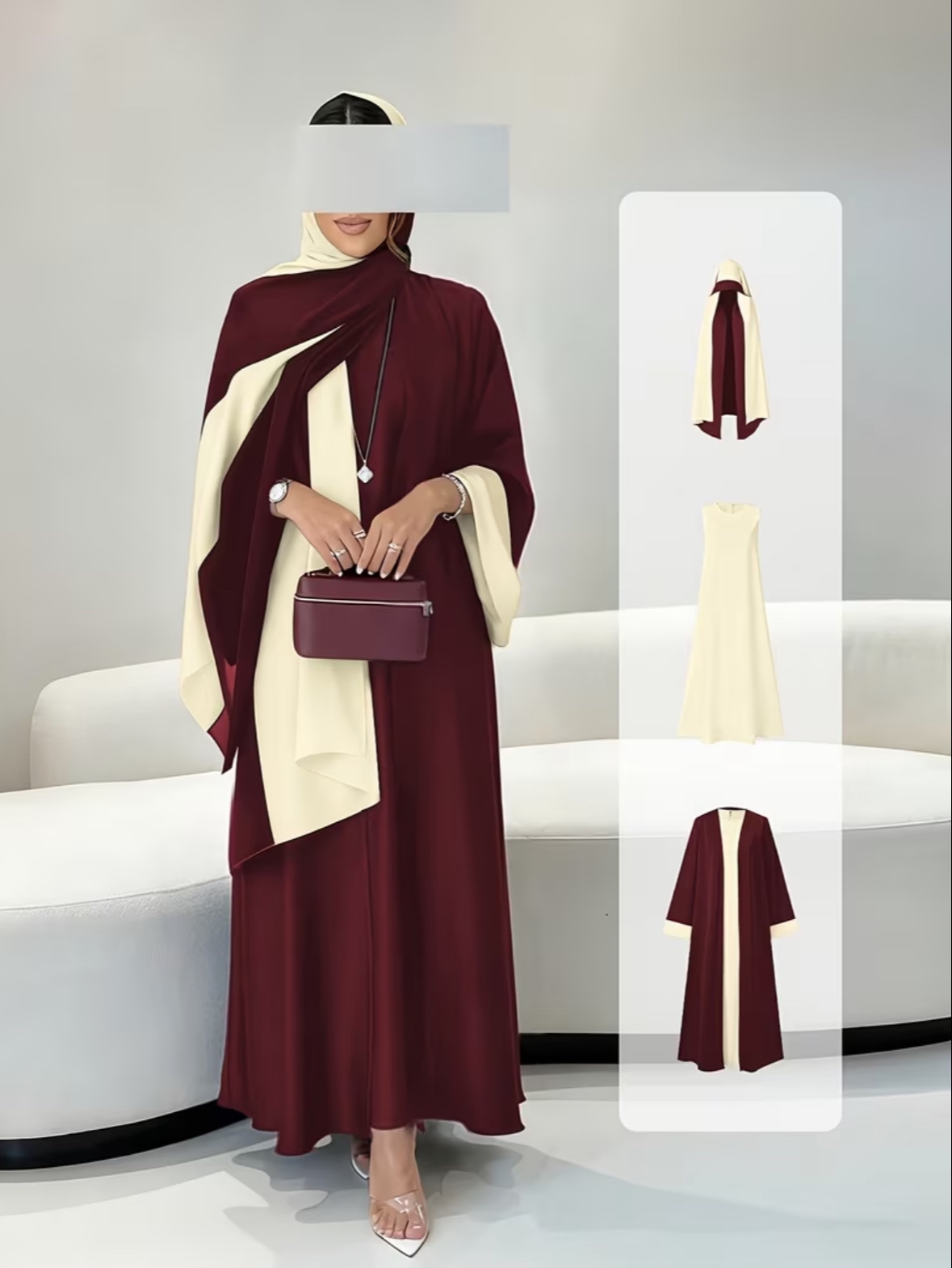 Ensemble 3 pièces élégant de couleur unie, robe longue à manches longues et ouverte de style