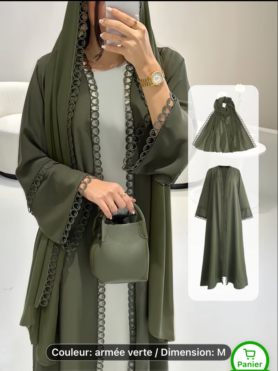 Ensemble Abaya Ouvert avec Bordure en Dentelle & Foulard en Mousseline - Léger, Modeste & Respire