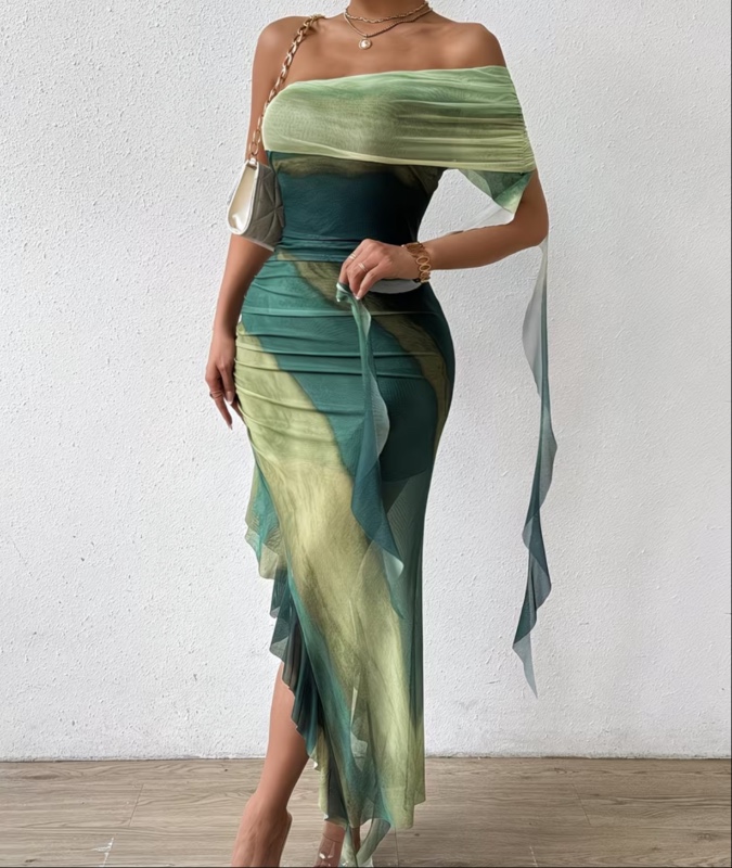 Robe Bodycon Longue à Bretelle Unique avec Plis, Volants