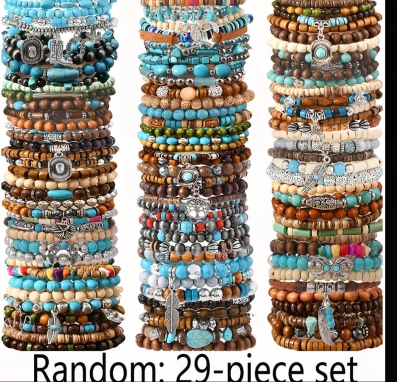 Ensemble de bracelets de perles en bois de style vintage, lot de 29 pièces