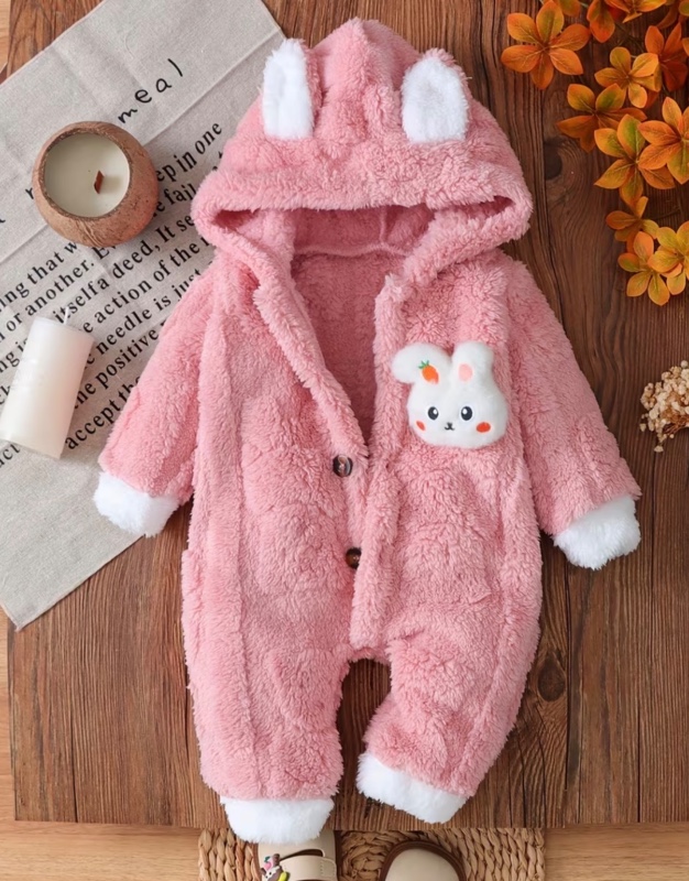 Combinaison Polaire à Capuche avec Oreilles de Lapin Jacquard Unie pour Filles