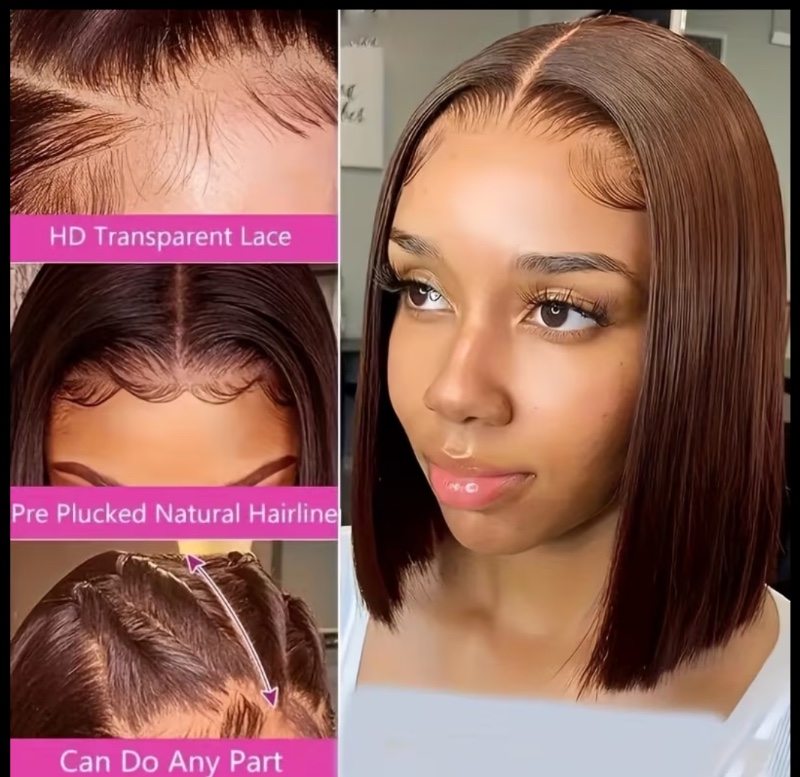 Perruques Karneval en Cheveux Humains Bob pour Femmes - Perruque Frontale en Dentelle Transparente HD 13x4 avec Baby Hair Pré-Épilé, #4 Brun Chocolat, Perruque Courte et Droite, Densité 200% pour Déguisement et Port Quotidien
