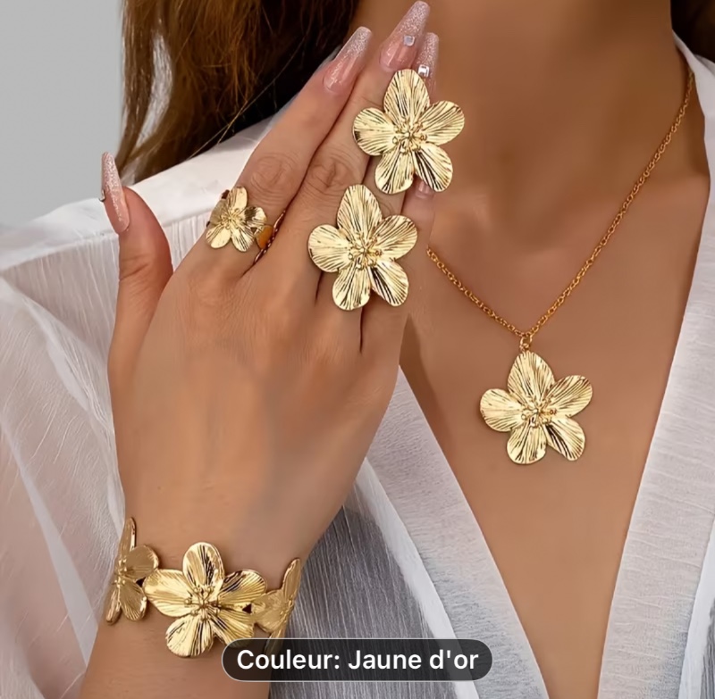 Ensemble de bijoux floraux classiques et tendance - un ensemble de 5 pièces comprenant des boucles d'oreilles à fleurs, des bagues, des bracelets et des colliers, parfait pour un usage quotidien et comme cadeau, sans placage - Idéal pour toutes les saison
