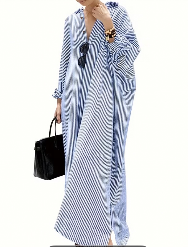 Robe Élégante à Col Revers Manches Longues pour Femme - Robe Chemise à Rayures - Robe Maxi à Rayures Style Italien - Kaftan Longue pour Toutes Saisons