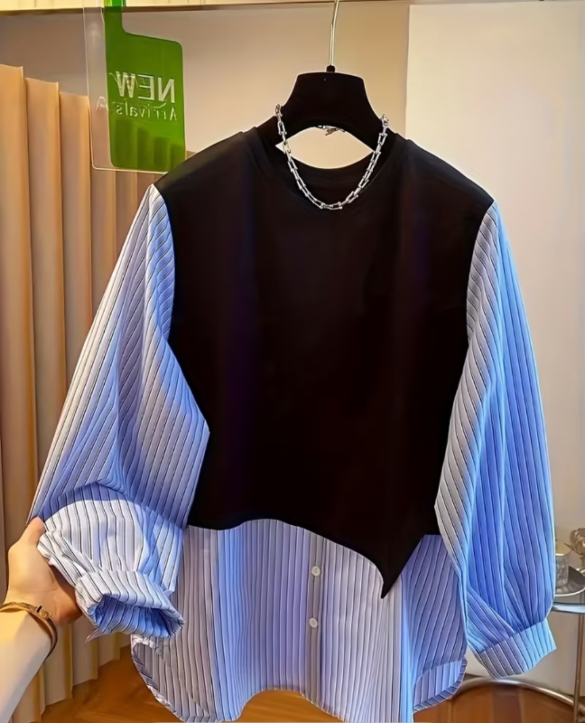 Sweat-shirt à col rond et motif rayé style coréen pour femmes, avec une nouvelle collection printemps et une fausse chemise superposée deux pièces