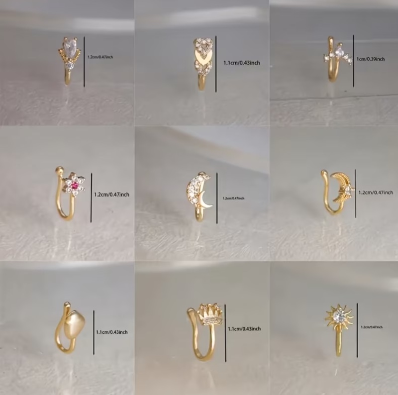 Ensemble Élégant de 9 Pinces à Nez pour Femmes - Réglables, Pas de Percage Nécessaire - Motifs Soleil, Étoile, Lune, Cœur & Couronne avec Zircone Cubique Scintillante - Parfait pour le Quotidien & les Fêtes, Idéal pour Thanksgiving