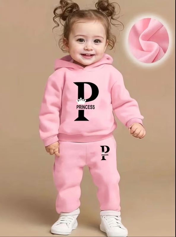 Ensemble Bébé Fille Nouveau-née à Capuche avec Imprimé Lettres et Manches Longues en Polaire + Pantalon Décontracté