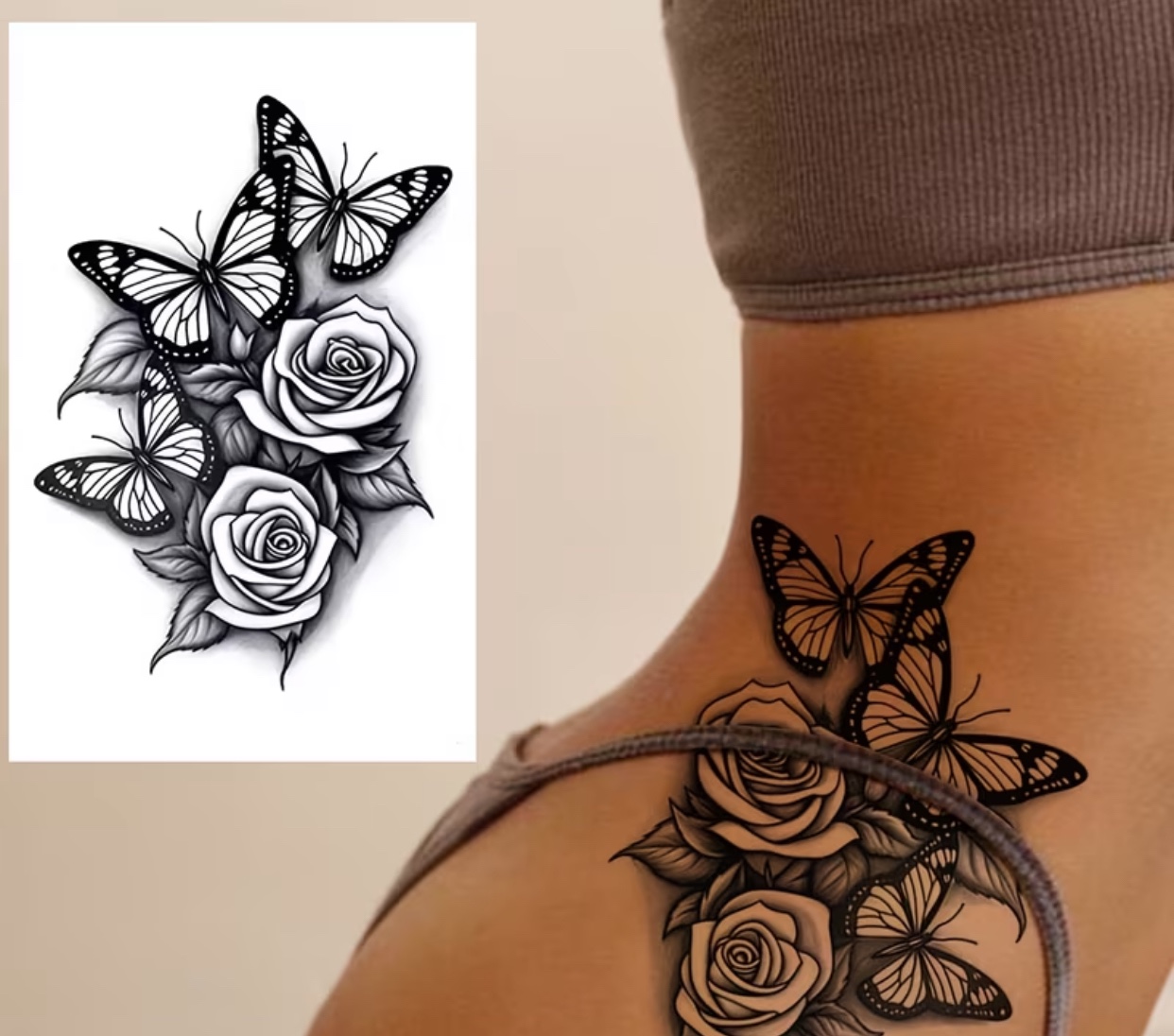 Autocollant de Tatouage Temporaire Motif Papillon et Rose