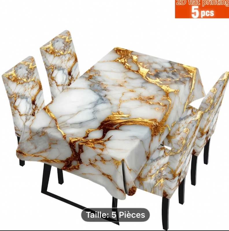 Ensemble de 5 pièces : Nappe rectangulaire imprimée 2D à texture élégante et magnifique de marbre blanc plaqué or + housses de chaise. Nappe entièrement en tissu peau de pêche , housses de chaise amovibles et lavables. Convient pour les salles à manger, s