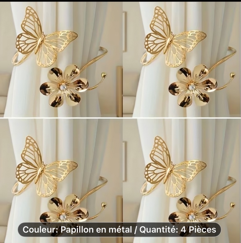 4 pièces Attaches de Rideaux Premium Papillon Floral, Design Papillon Ajouré, Attaches de Rideaux en Métal pour Chambre, Salon et Décoration de Rideaux d'Hôtel