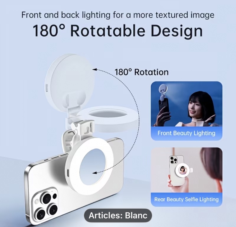 1pc Anneau Lumineux Selfie pour Téléphone Portable avec Miroir -- Lumière de Remplissage LED Rechargeable, 3 Températures de Couleur, 9 Niveaux de Luminosité -- Lumière LED Portable, Tête Rotative à 180° & Fixation à Clip pour Smartphones, Appareils Photo