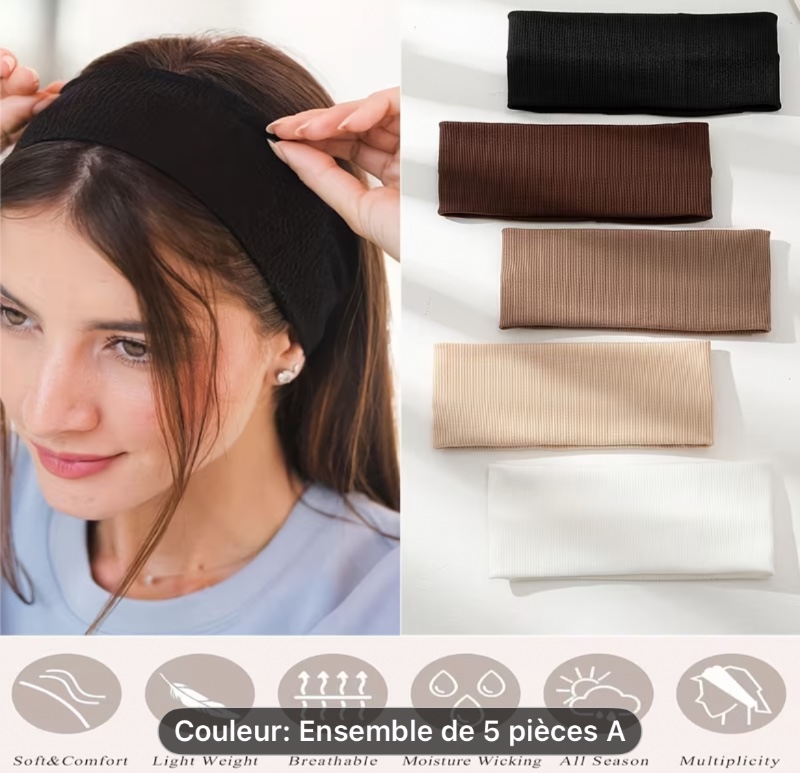 Ensemble de 5 pièces de couvre-chefs décontractés pour femme, bandeau large élastique de couleur unie, bandeau extensible, bandeau élastique d'exercice, bandeau de sport pour yoga, bandana pour femme