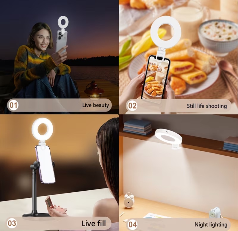 Anneau lumineux pour téléphone portable avec 40 perles lumineuses froides et chaudes, trois températures de couleur réglables (3000K-6500K), luminosité de 180lm, indice de rendu des couleurs 80Ra, batterie de 800mAh pour 2 heures d'autonomie, application