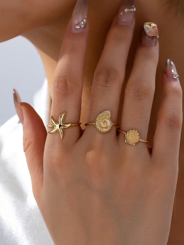 Ensemble de 3 bagues d'été en forme d'étoile de mer, coquillages et coquilles Saint-Jacques, bijoux de plage et de voyage pour femmes, cadeau idéal pour les vacances