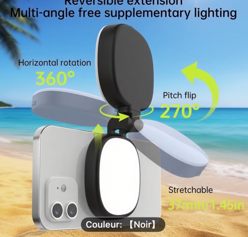 1 Lampe de remplissage portable pour téléphone portable avec miroir de Cosmétique, installation magnétique pratique, fonctionnement de démarrage à un bouton, trois types de commutation de réglage de la lumière, rendu de couleur élevé, réglage de rotation