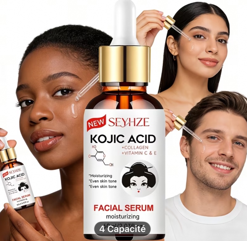 Sérum à l'Acide Kojique avec Vitamine E - Hydratant et Nourrissant pour le Visage, Formule Hypoallergénique, pour Hyperpigmentation, Adapté à Tous les Types de Peau Claire (Sèche, Grasse) - Flacons de 40ml