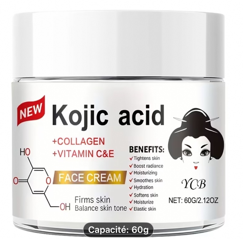 Crème Hydratante à l'Acide Kojique 60g, Contenant Acide Hyaluronique, Vitamine , Nicotinamide et Collagène, Éclaircit, Raffermit et Lisse la Peau, Unifie le Teint Beige Clair, Rend la Peau Plus Radieuse, Douce et Non Grasse pour Hommes et Femmes