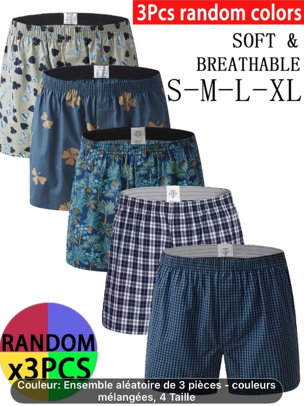 3 Boxers Homme 100% Coton - Couleurs Aléatoires, Coupe Décontractée et Ample avec Motifs Drôles pour un Usage Quotidien