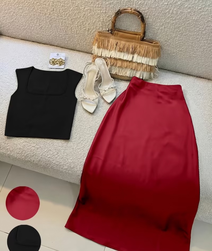 Ensemble jupe 2 pièces toutes saisons, débardeur ample à encolure carrée et jupe satinée coupe ajustée, Y2K, décontracté et élégant, convient pour le streetwear.