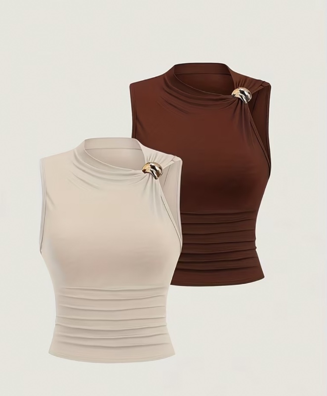 Lot de 2 chemisiers plissés slim pour femmes | Col rond, couleur unie, idéal pour le printemps/été