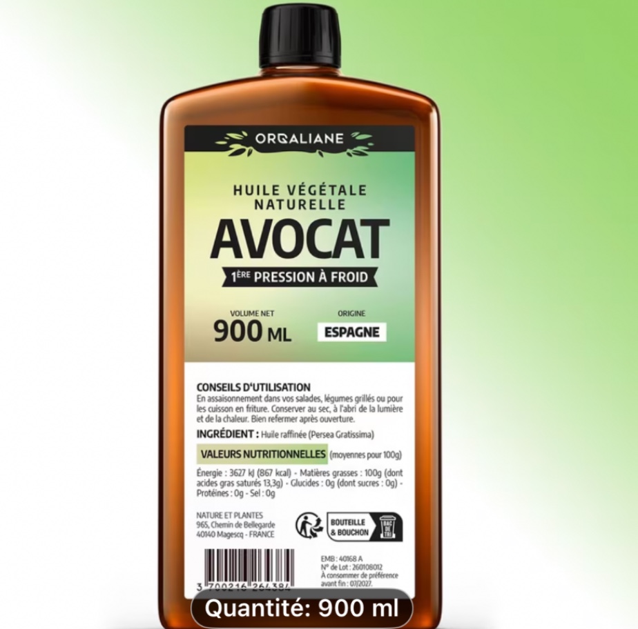 Huile végétale d'Avocat - Pure, Pressée à Froid - Assaisonnement cuisine